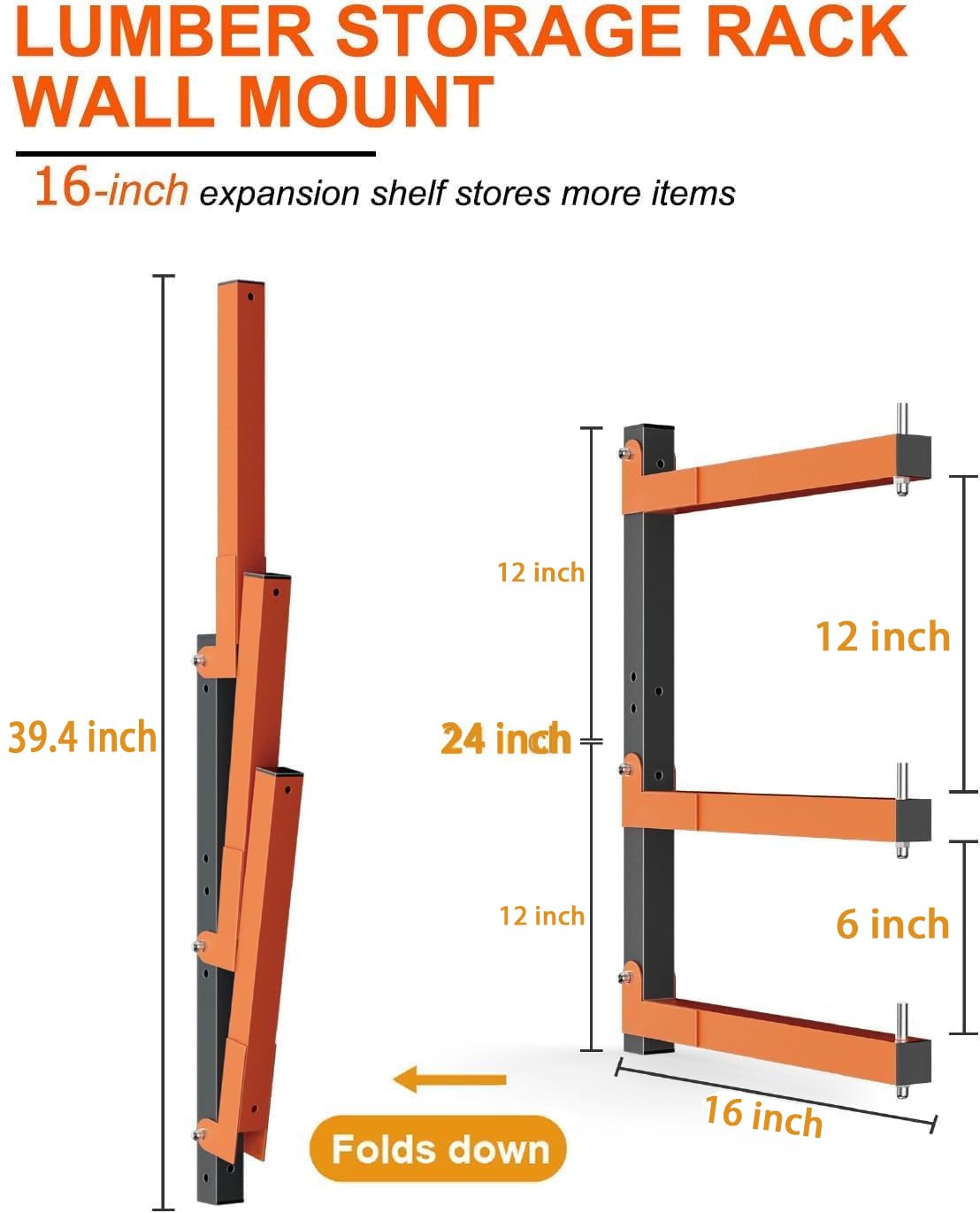 Acools lumber rack orange arms with 16-inch reach for flexible shelving