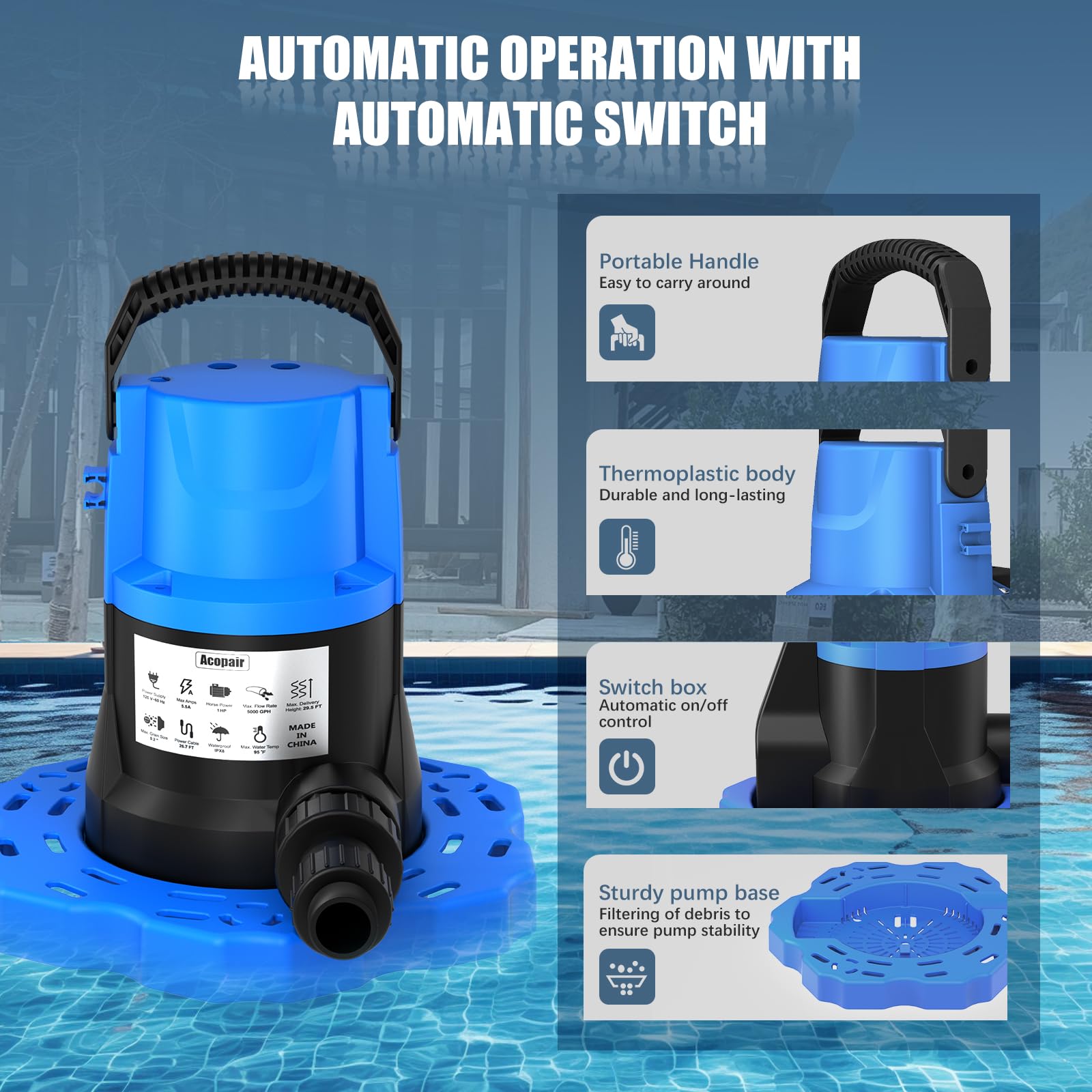 Acopair 26 ft power cord enables flexible placement around pools.