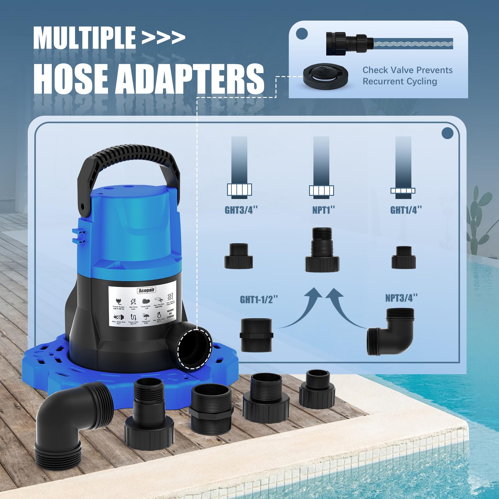 Acopair adapters for 1-1/2 in NPT with larger discharge option.