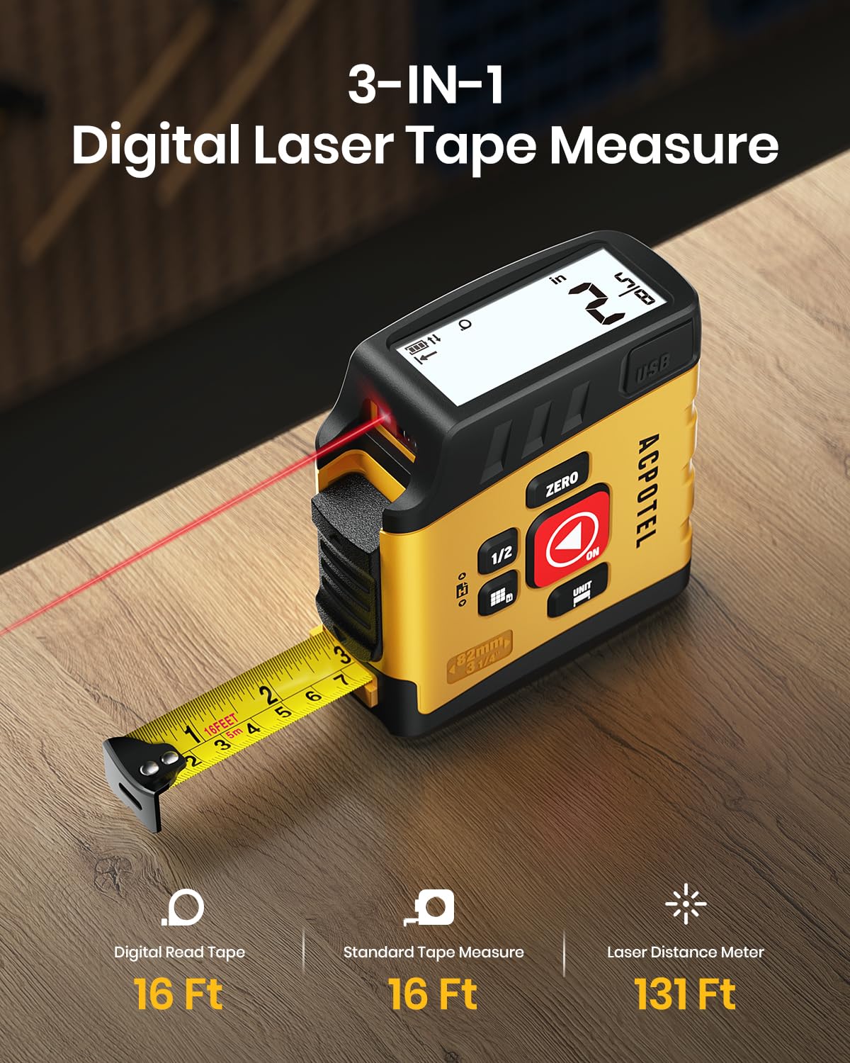 ACPOTEL DT20 laser tape measure display highlights real time digital readouts for accuracy during measurements.