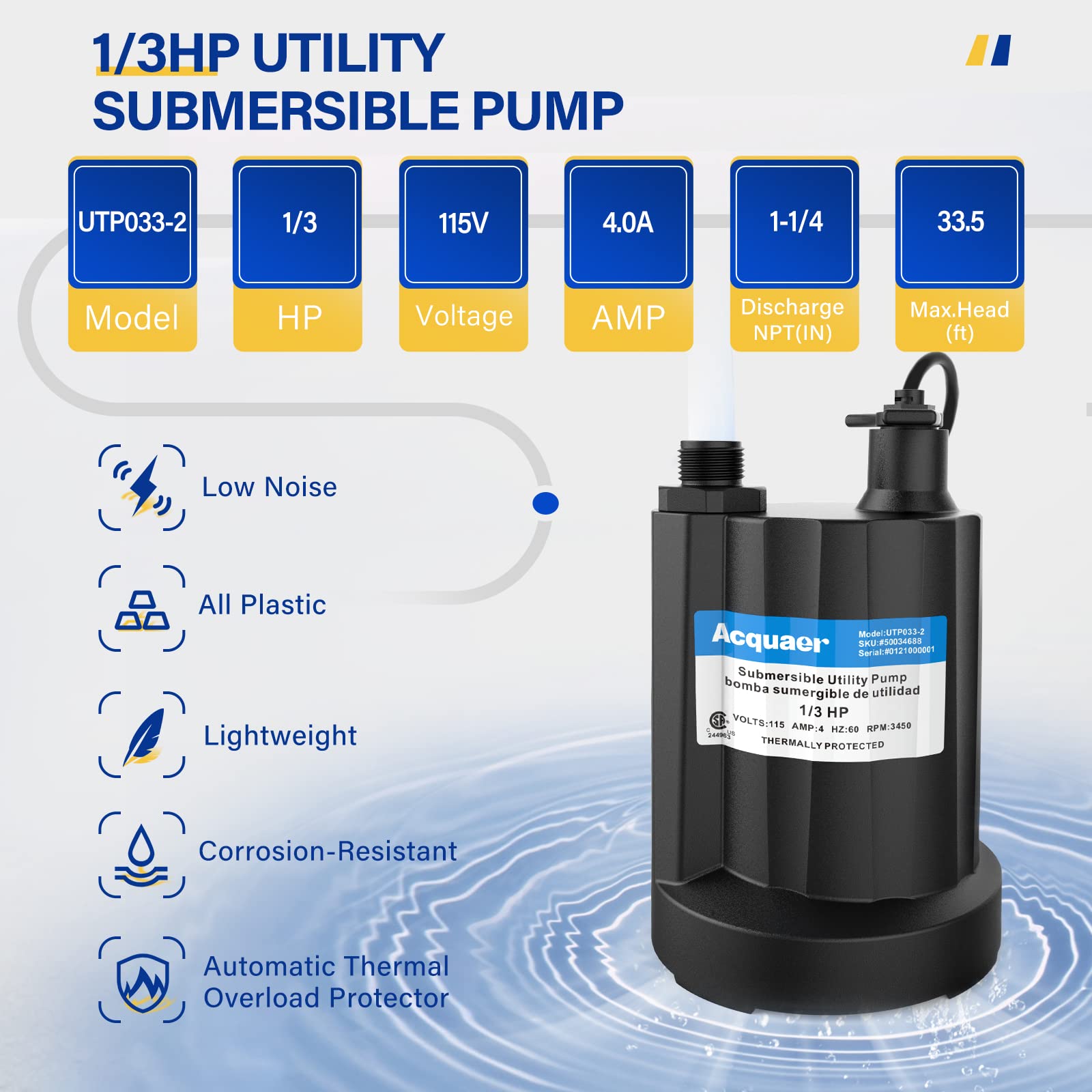 Acquaer 1-1/4 inch NPT discharge for versatile hose setup.