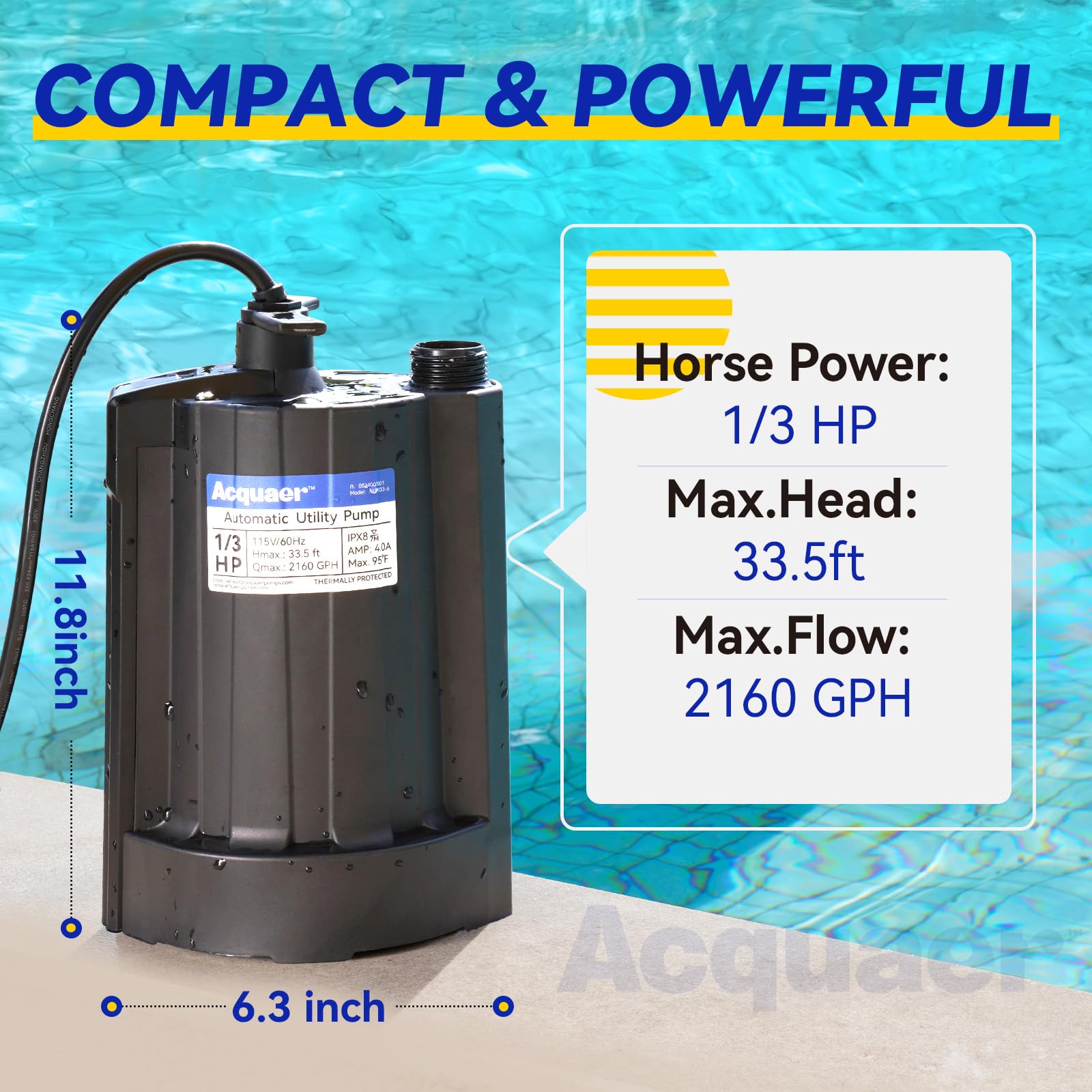 Acquaer 2160 GPH pump delivers rapid water removal from pools and basements.