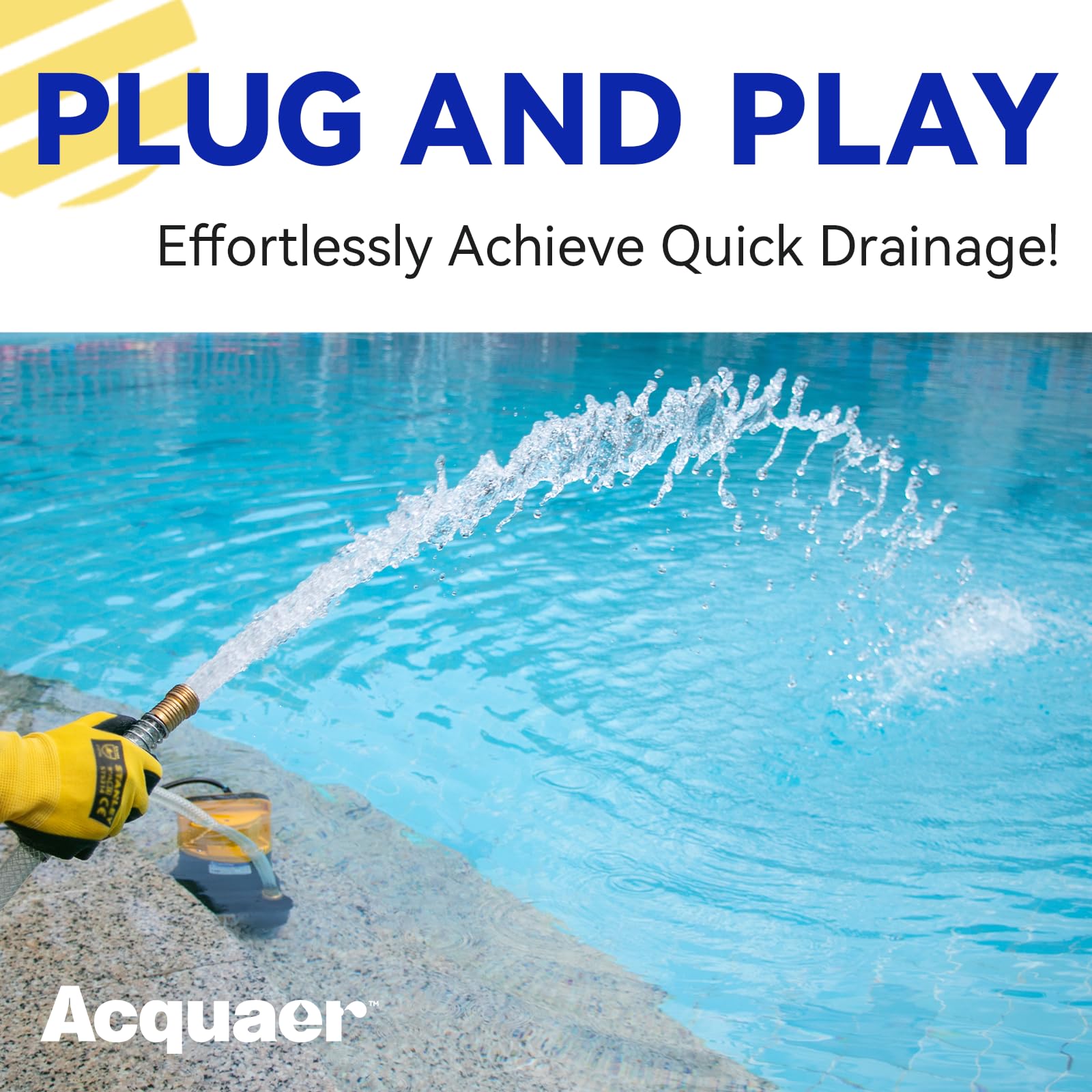 Acquaer Sump Pump 2906 GPH flow enables rapid water removal during floods and cleanups.