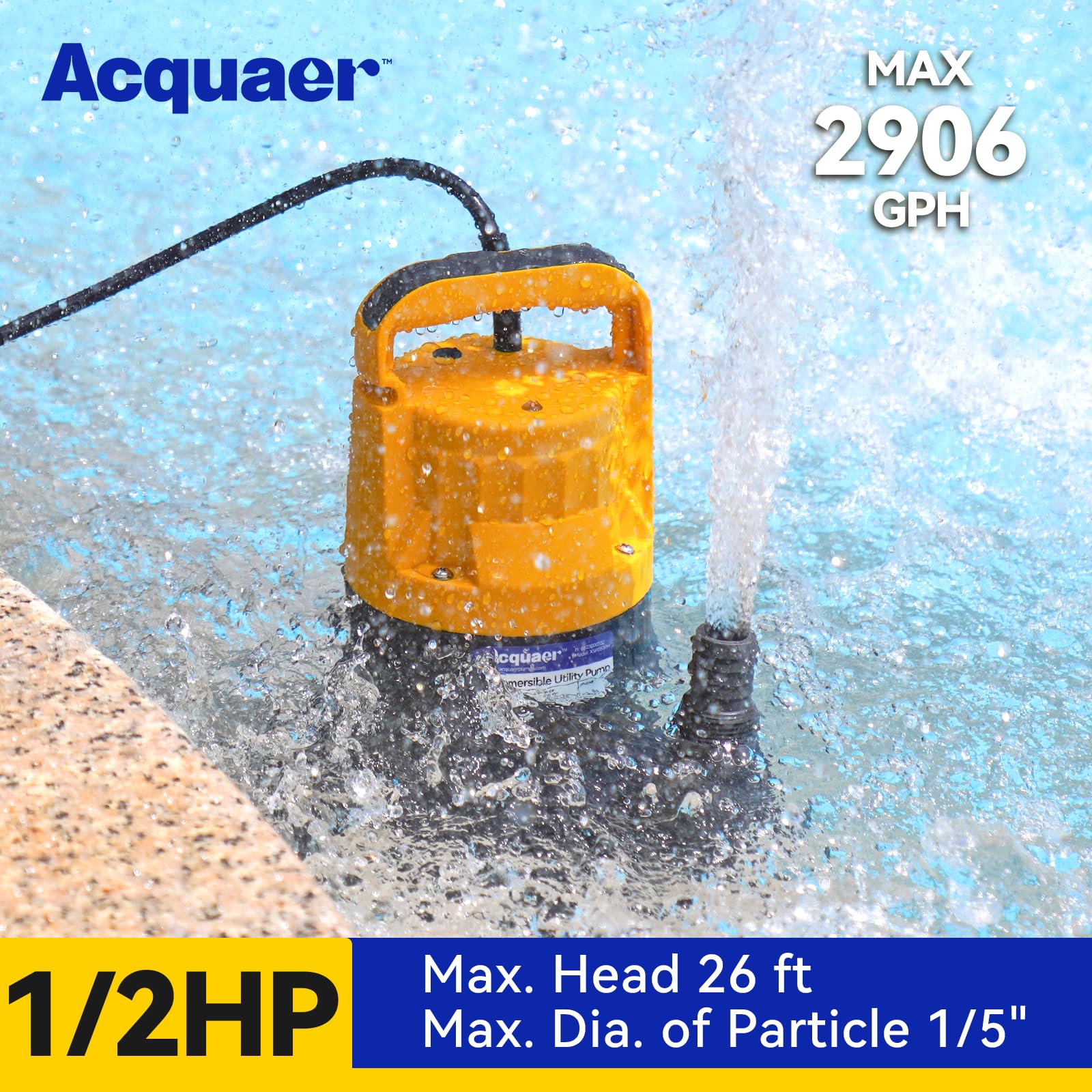 Acquaer Sump Pump 26 ft head supports deep drainage for pools, ponds, and hot tubs.
