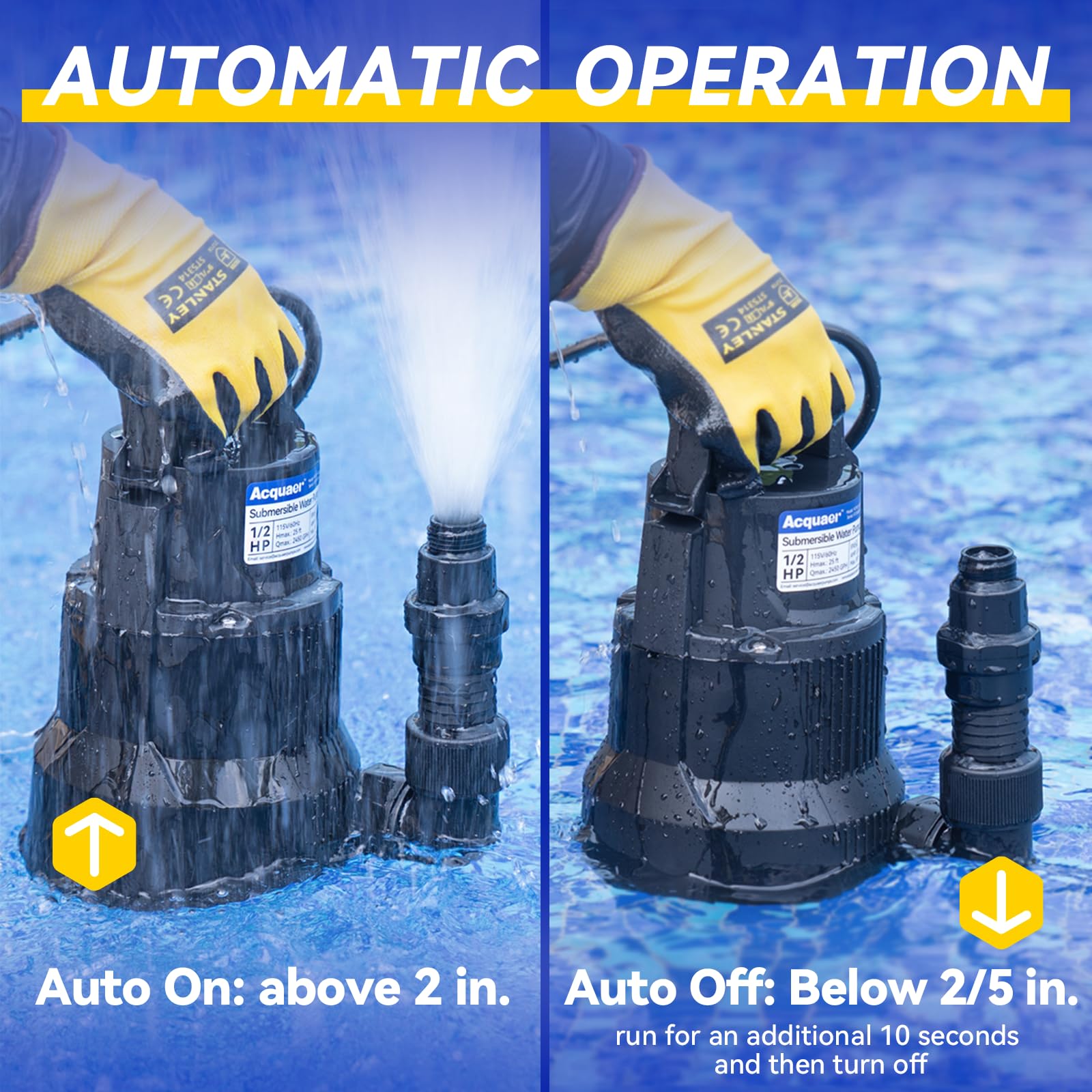Acquaer sump pump with adapters including garden hose valve for versatile connections