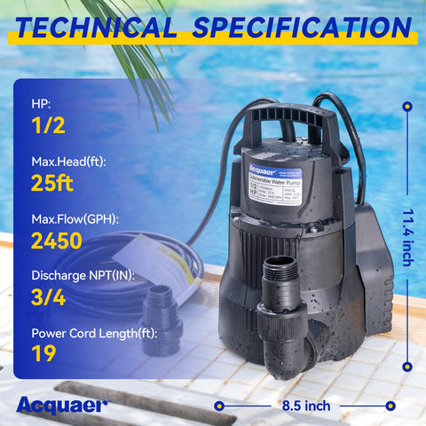 Acquaer sump pump in operation with automatic sensor for unattended drainage