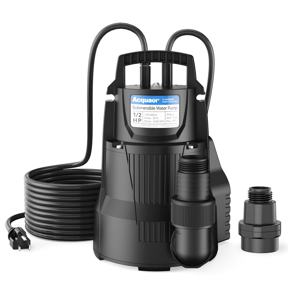 Acquaer sump pump front view showing compact thermoplastic body for basement drainage
