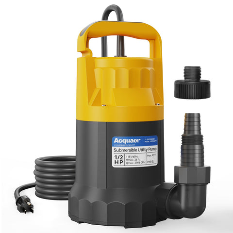 Acquaer Sump Pump submersible design enables quiet, efficient water removal in basements and around water features.