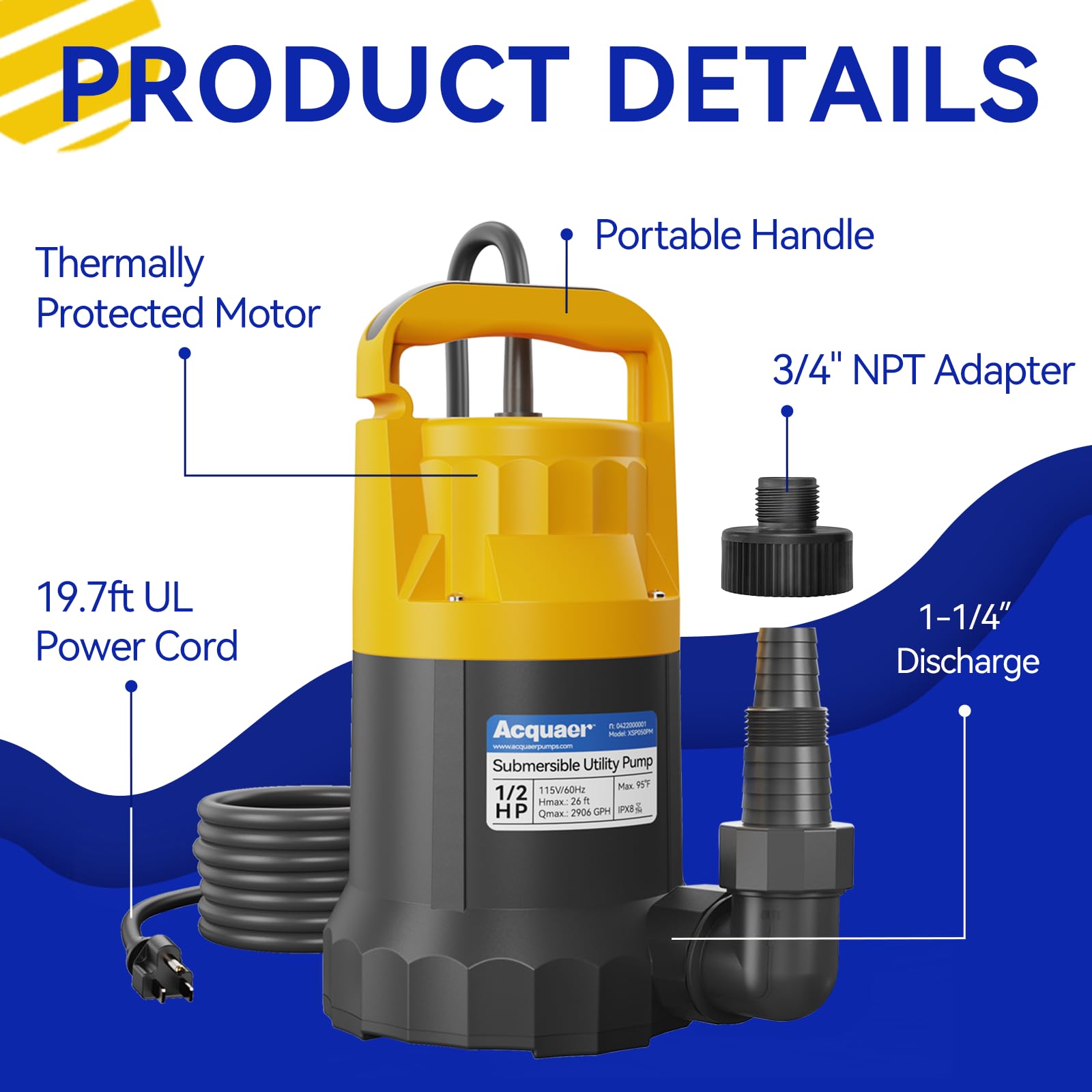 Acquaer Sump Pump thermal overload protector guards the motor during use.