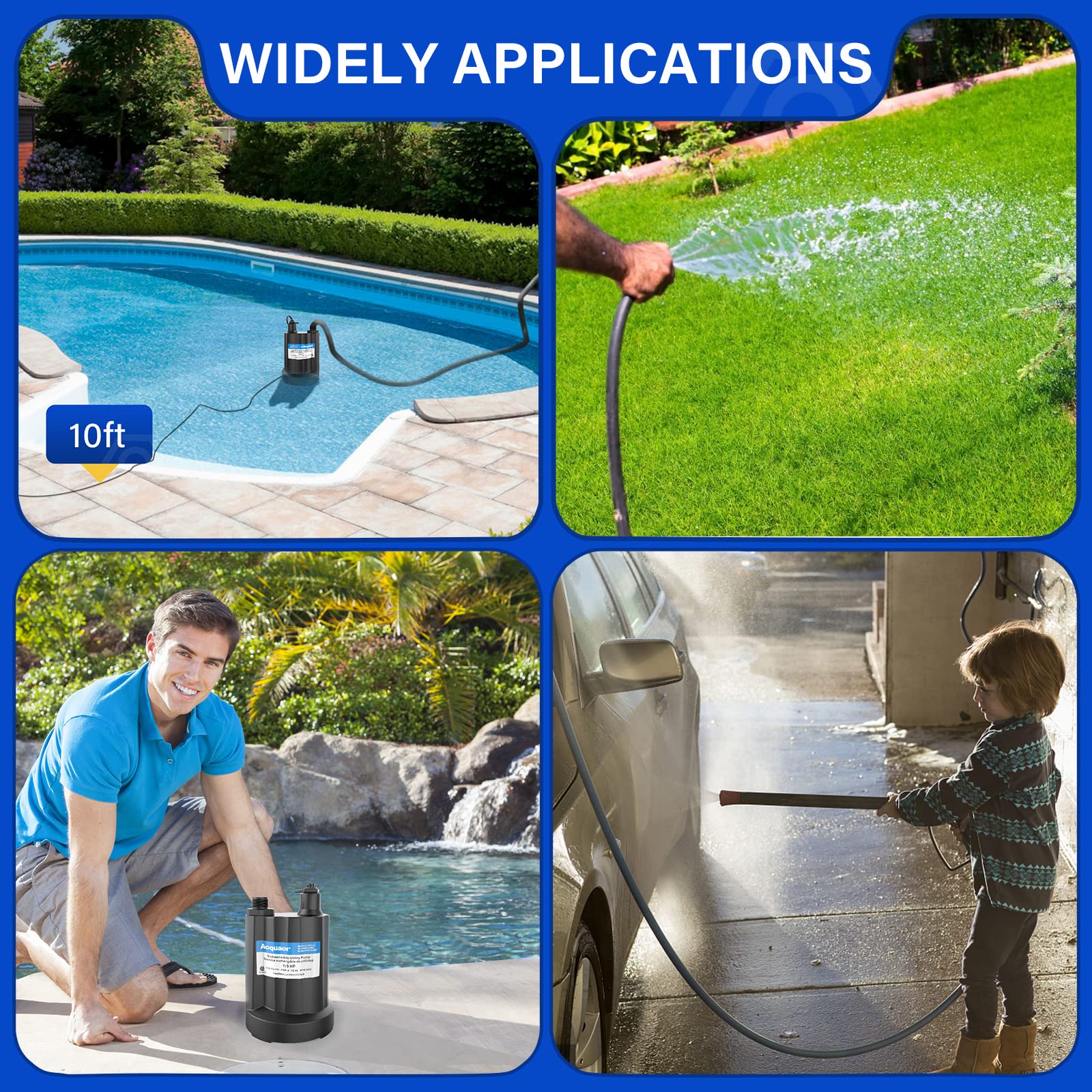 Acquaer water pump in use near pool cover and hot tub area for easy water management.