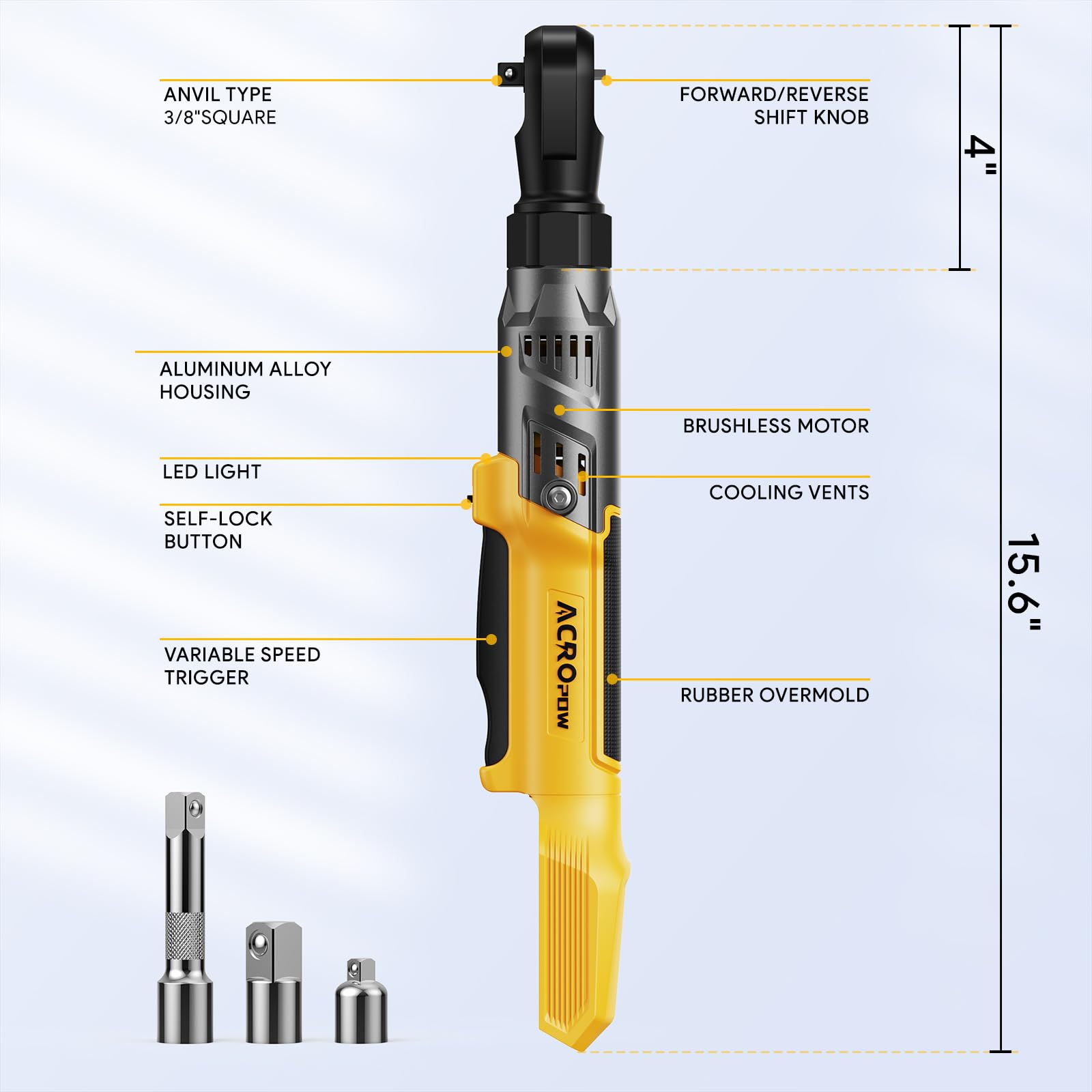 ACROPOW on-board LED light illuminates workspace during tightening