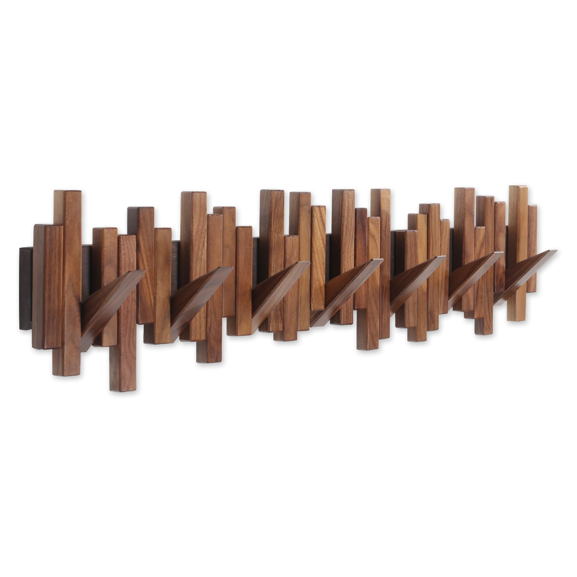 Acsigesn wooden coat rack top view with seven sturdy flip-down hooks for organization.