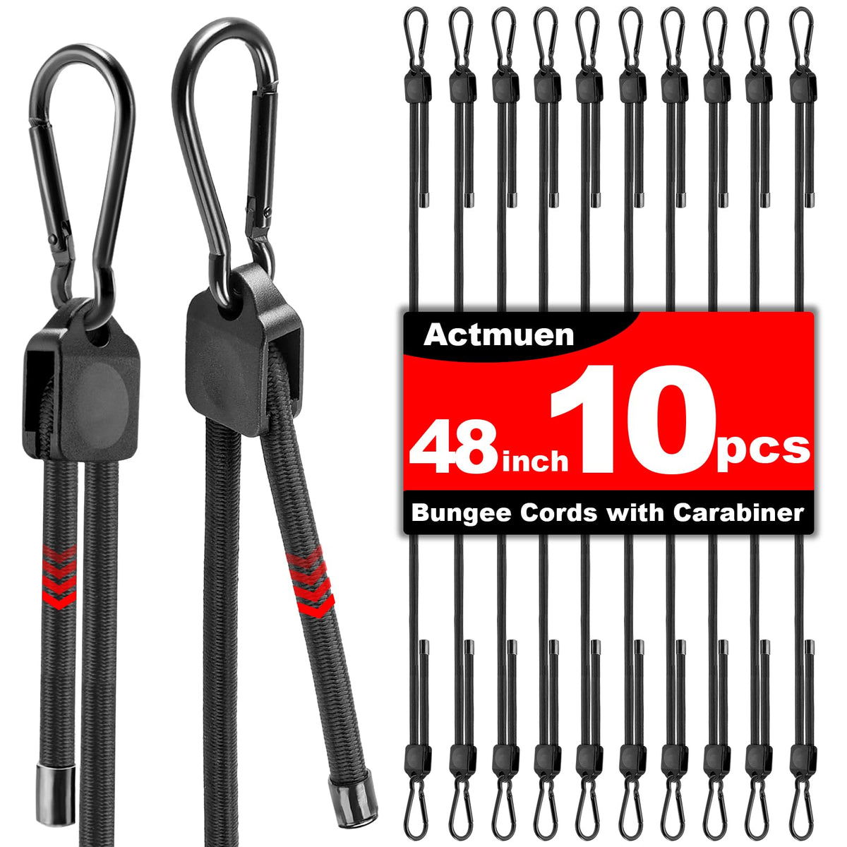 Actmuen adjustable bungee cords show a 10–48 inch range for versatile securing.