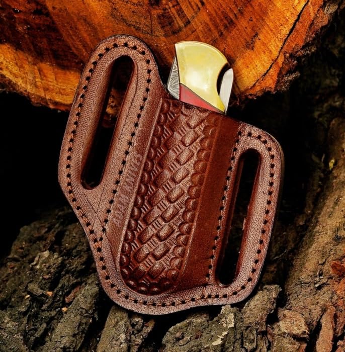 ADAM KNIVES top grain leather sheath fits a 5 inch pocket knife snugly.