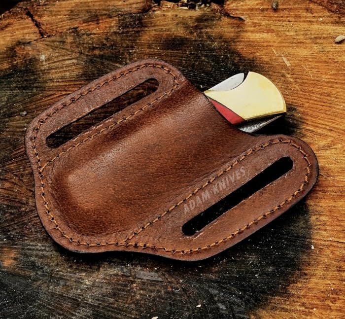 ADAM KNIVES trapper style sheath keeps knife secure during outdoor use.