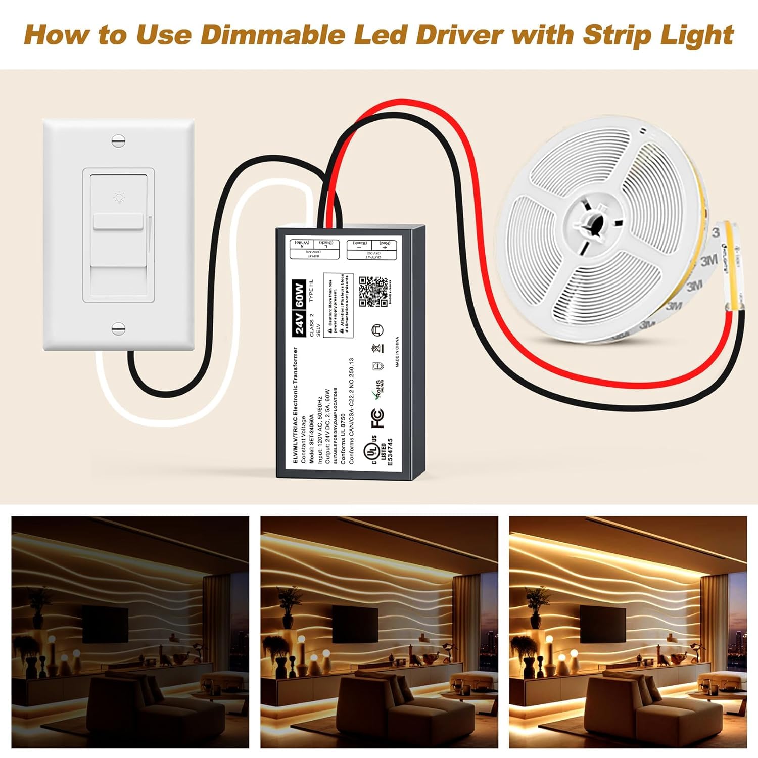 Adapter-Universe 24V dimmable LED driver wiring connections illustrating safe output