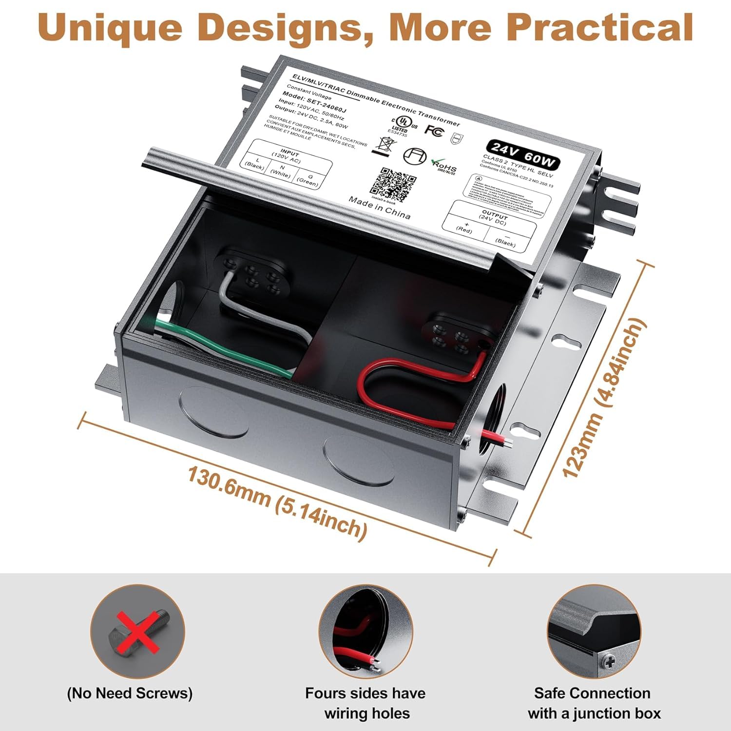 Adapter-Universe ELV/MLV/Triac compatibility label confirms dimming support