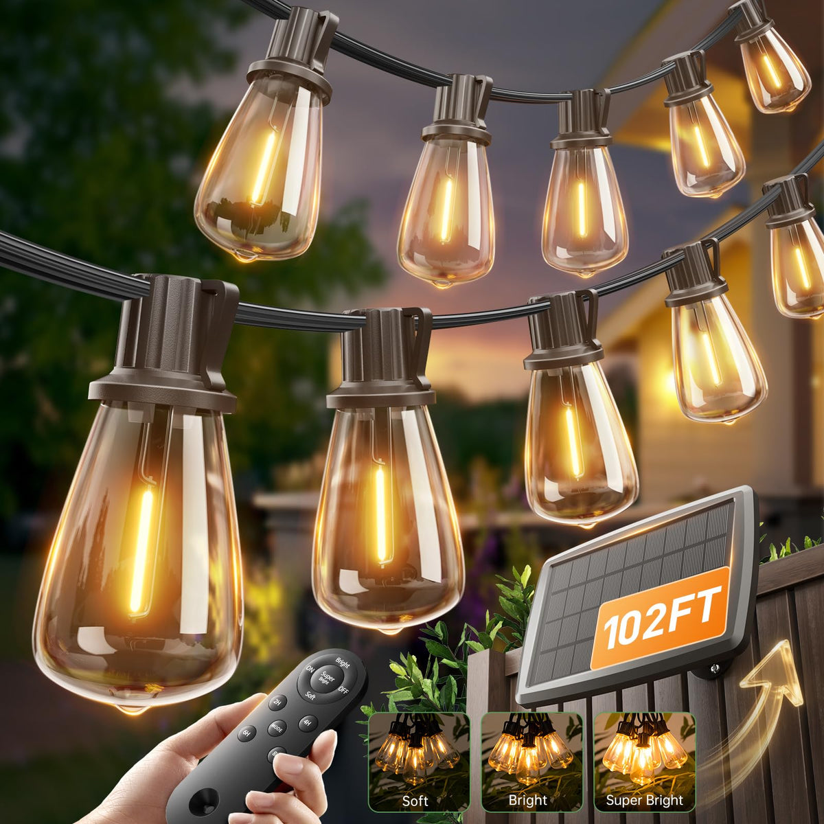Addlon 102ft solar string lights illuminate outdoor spaces with a warm glow