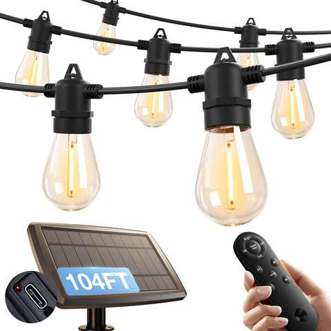 Addlon 104ft solar string lights on a single continuous run for easy outdoor setup.