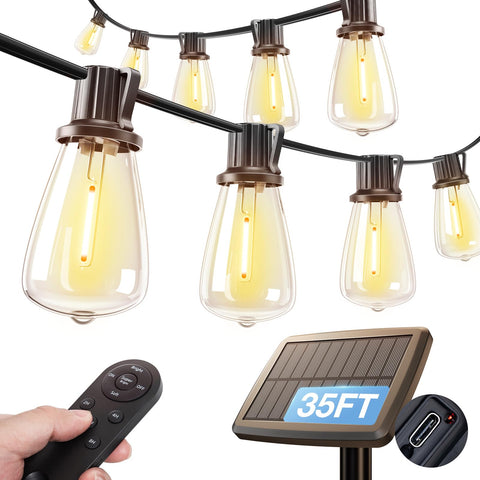 Addlon 35ft solar string lights over a backyard for warm ambience and energy savings.