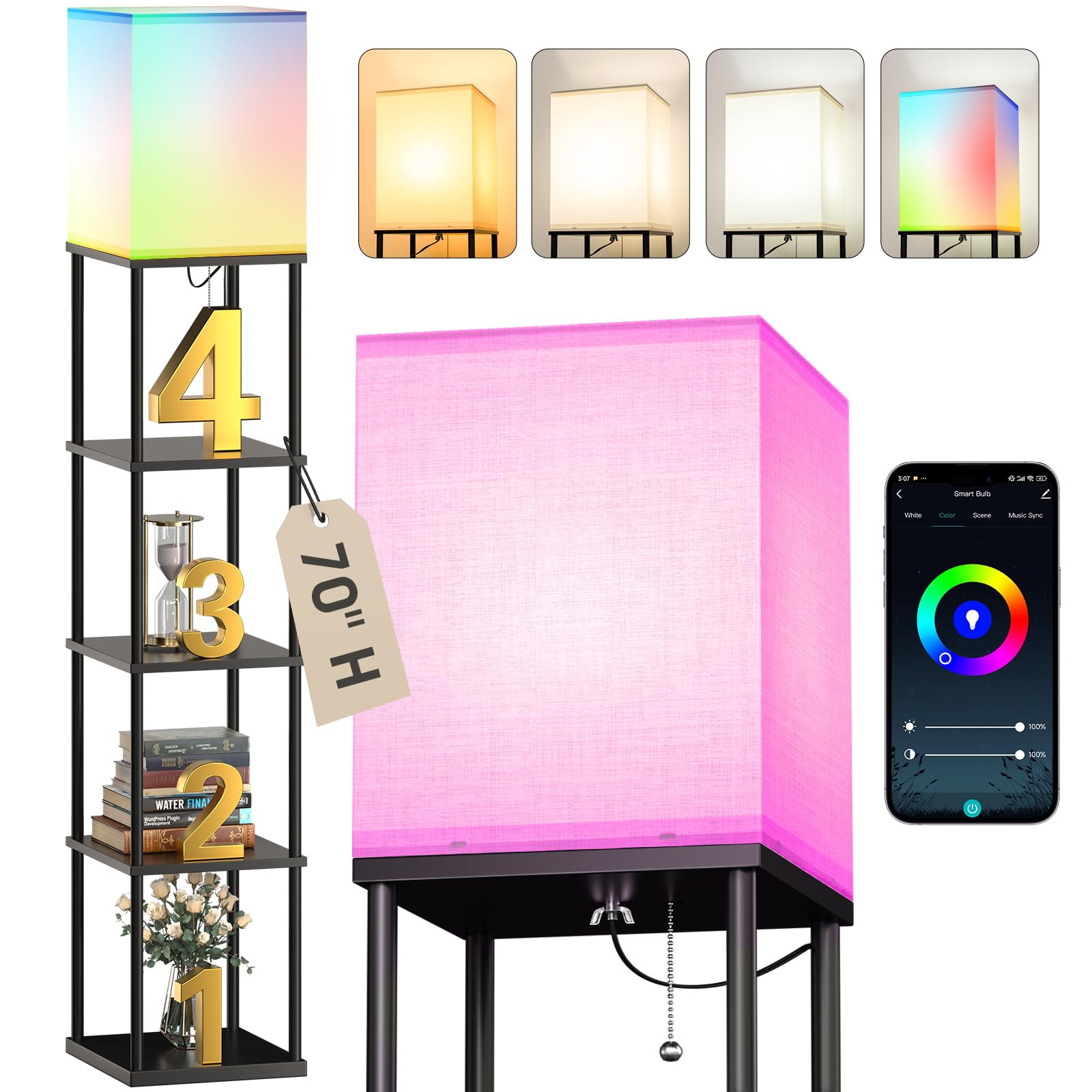 Addlon 5-tier shelf lamp showing sturdy storage shelves for books and decor.