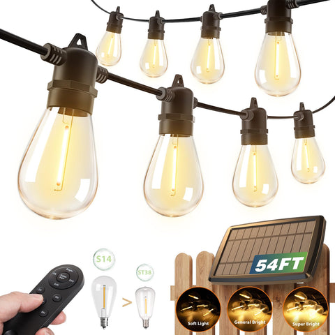 Addlon 54FT solar string lights with outdoor bulbs for cozy porch ambiance.
