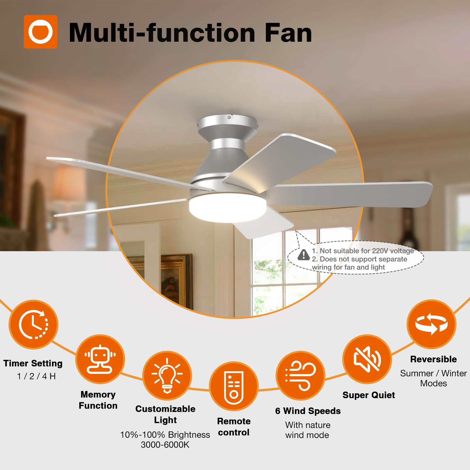 Addlon flush-mount ceiling fan designed for indoor and sheltered outdoor spaces.