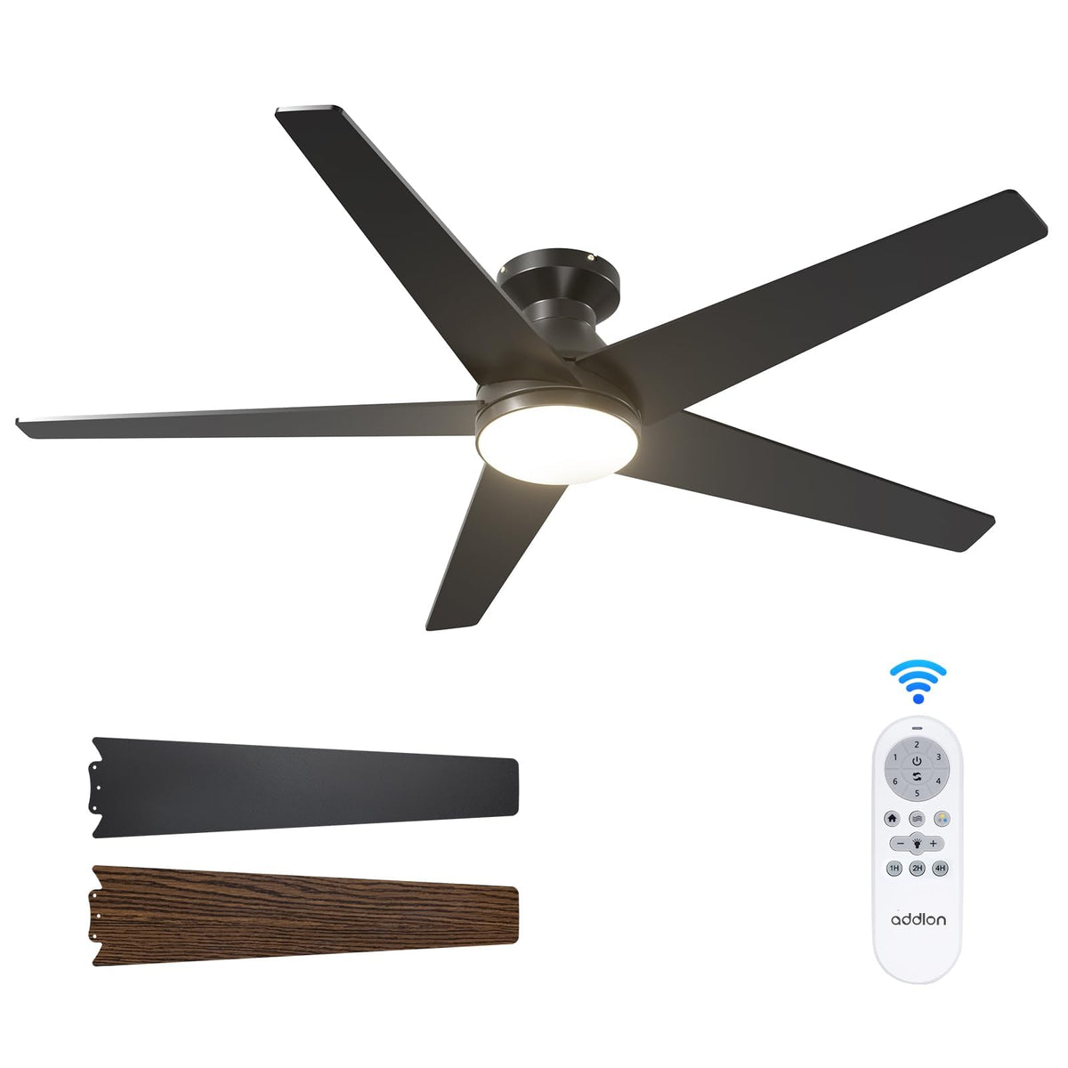 Addlon 52-inch black ceiling fan with light for a stylish bedroom.