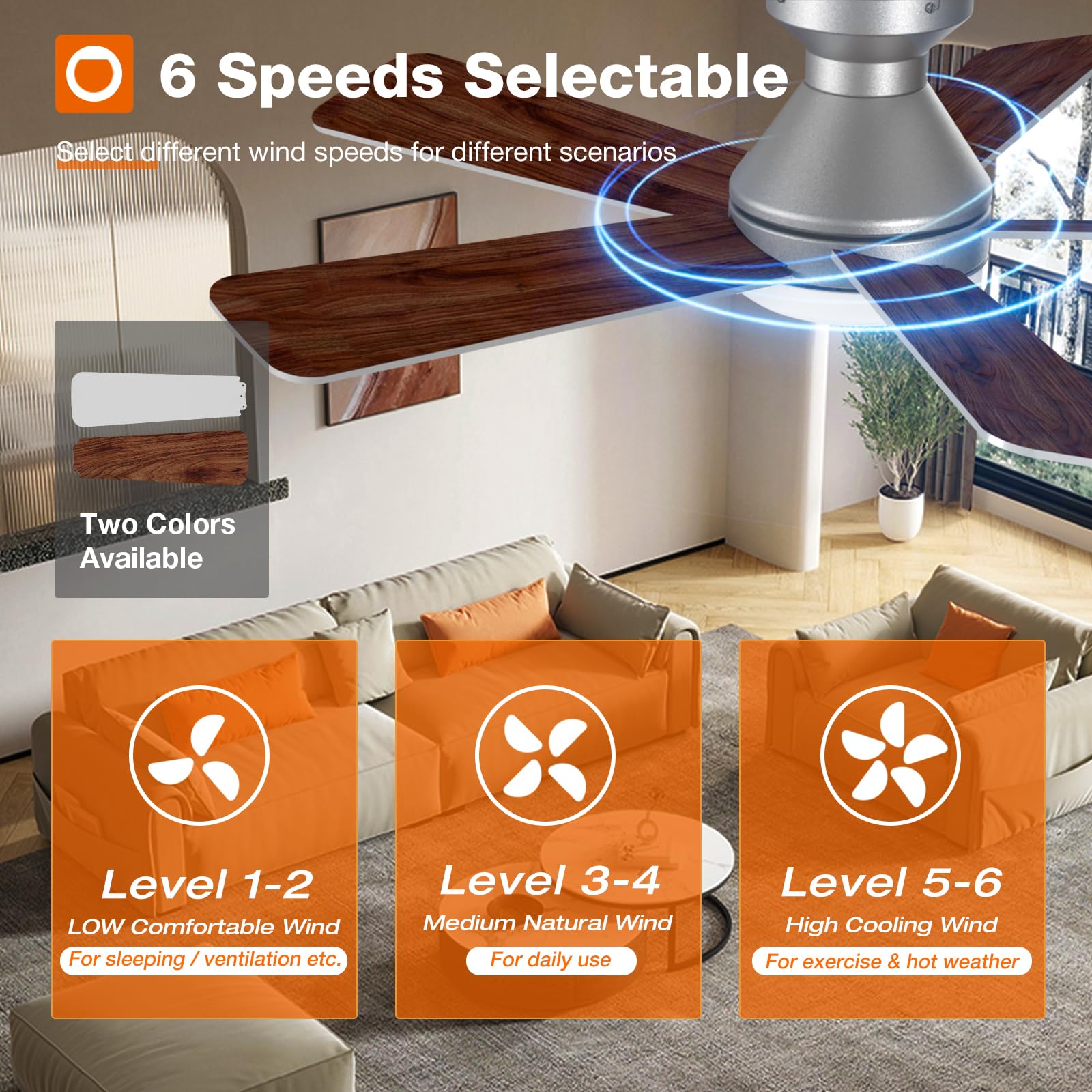Reversible DC motor in Addlon fan enables year-round comfort with six speeds.