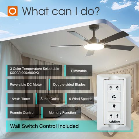 Addlon 52-inch DC motor ceiling fan with reversible blades for year-round comfort.
