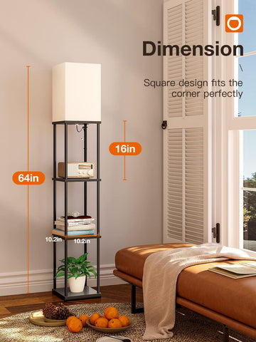 Addlon floor lamp in bedroom, cozy light and organized shelves.