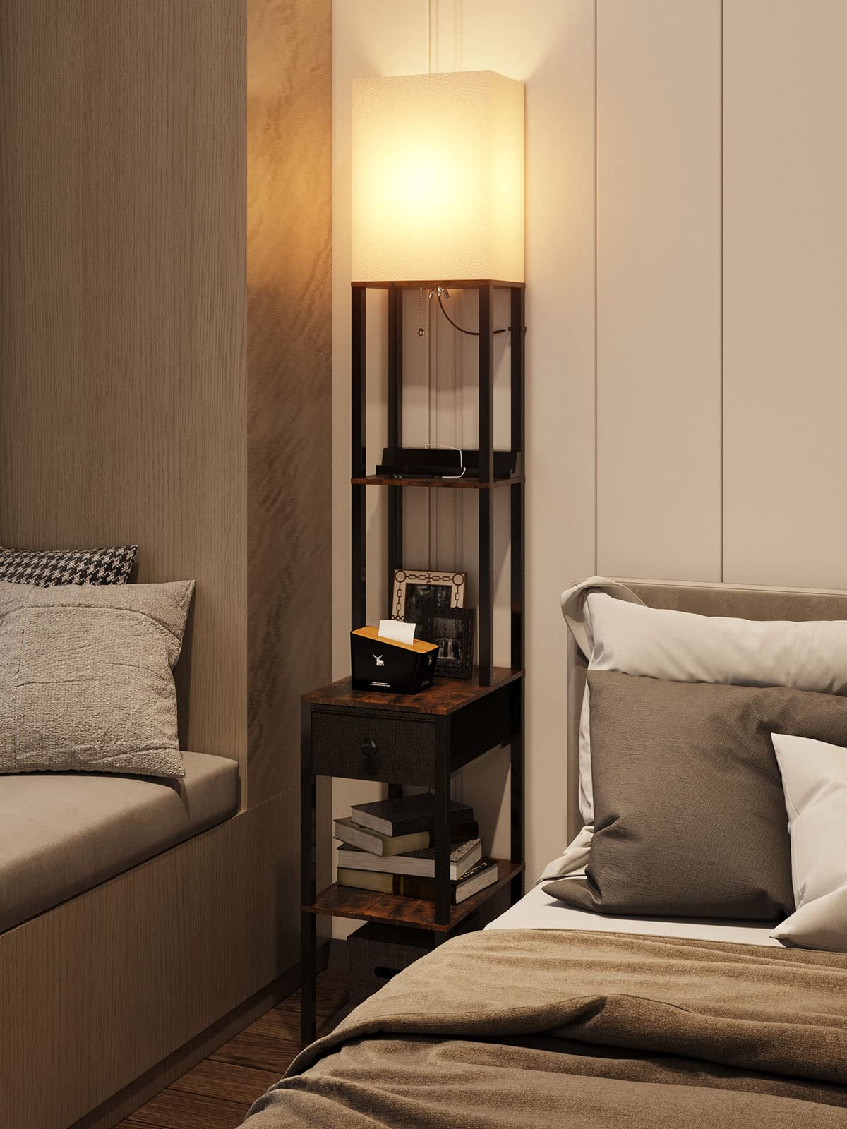 Addlon brown floor lamp combines storage and stylish lighting.
