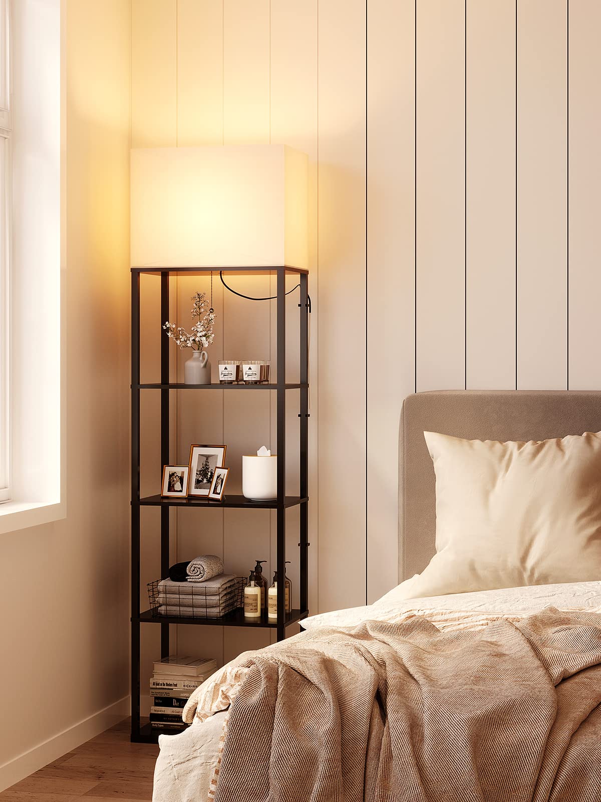 Addlon floor lamp showing use as living room and office storage solution
