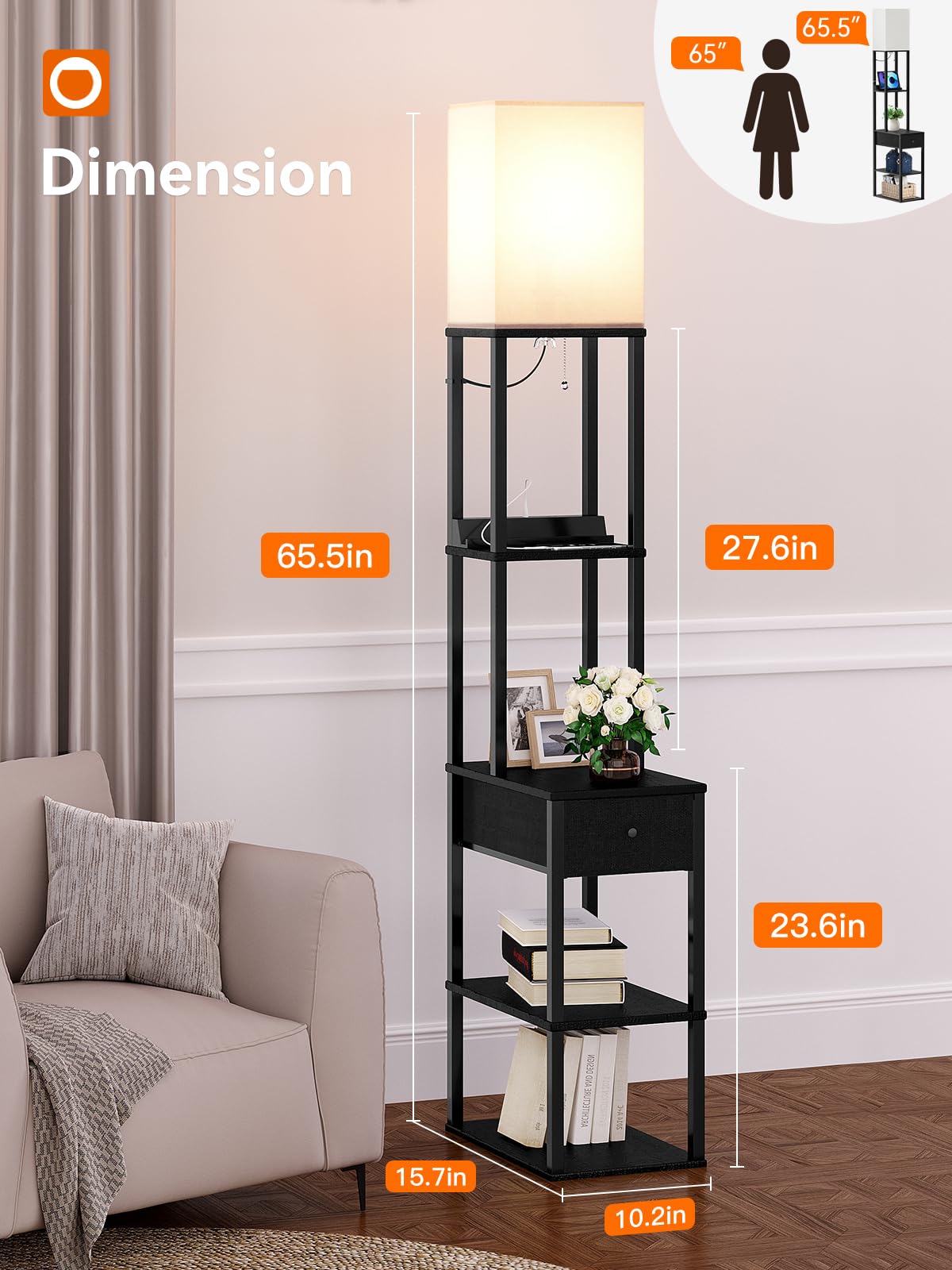 Addlon display floor lamp with shelves for decor and storage.