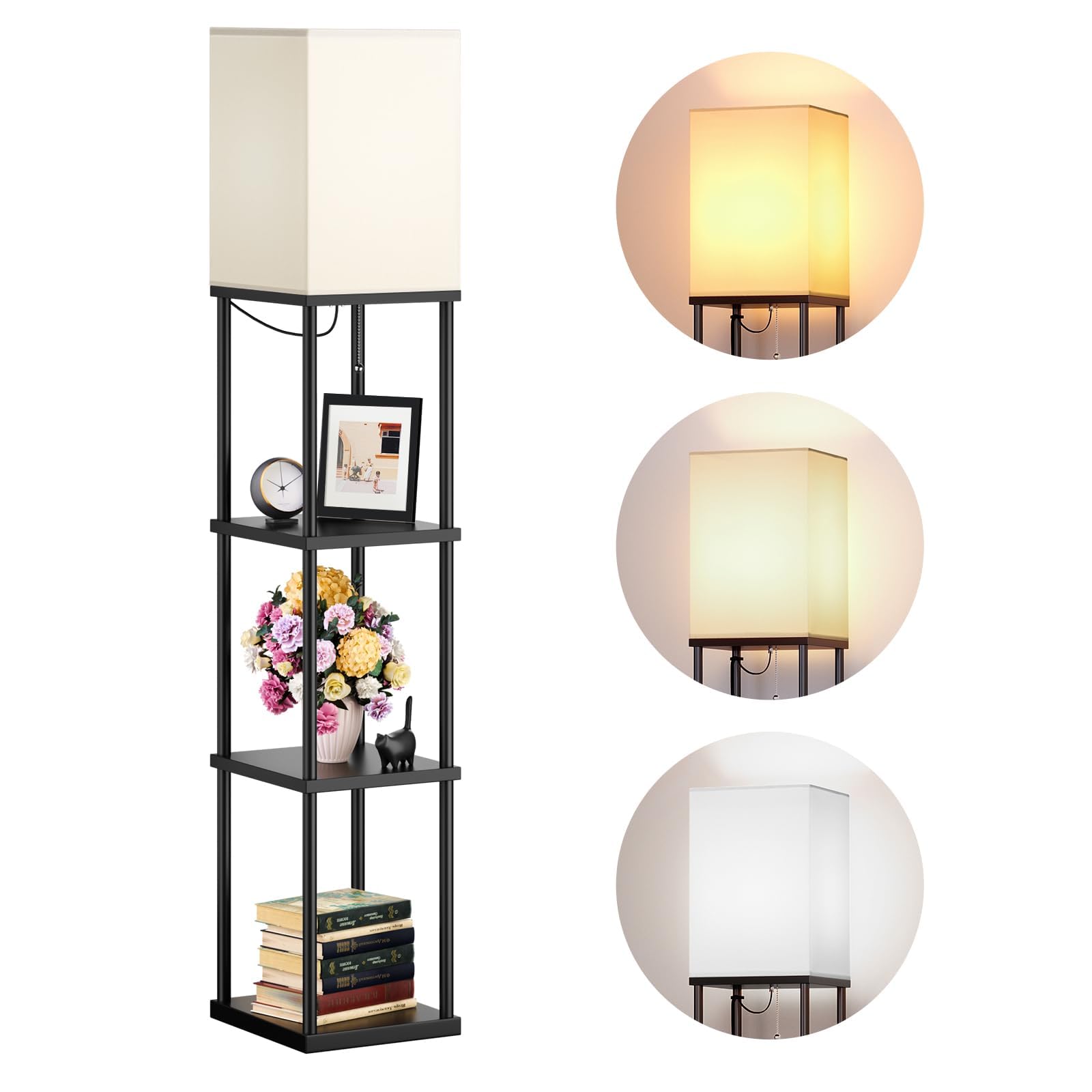 Addlon floor lamp with shelves front view, stylish storage and ambient lighting for living rooms.