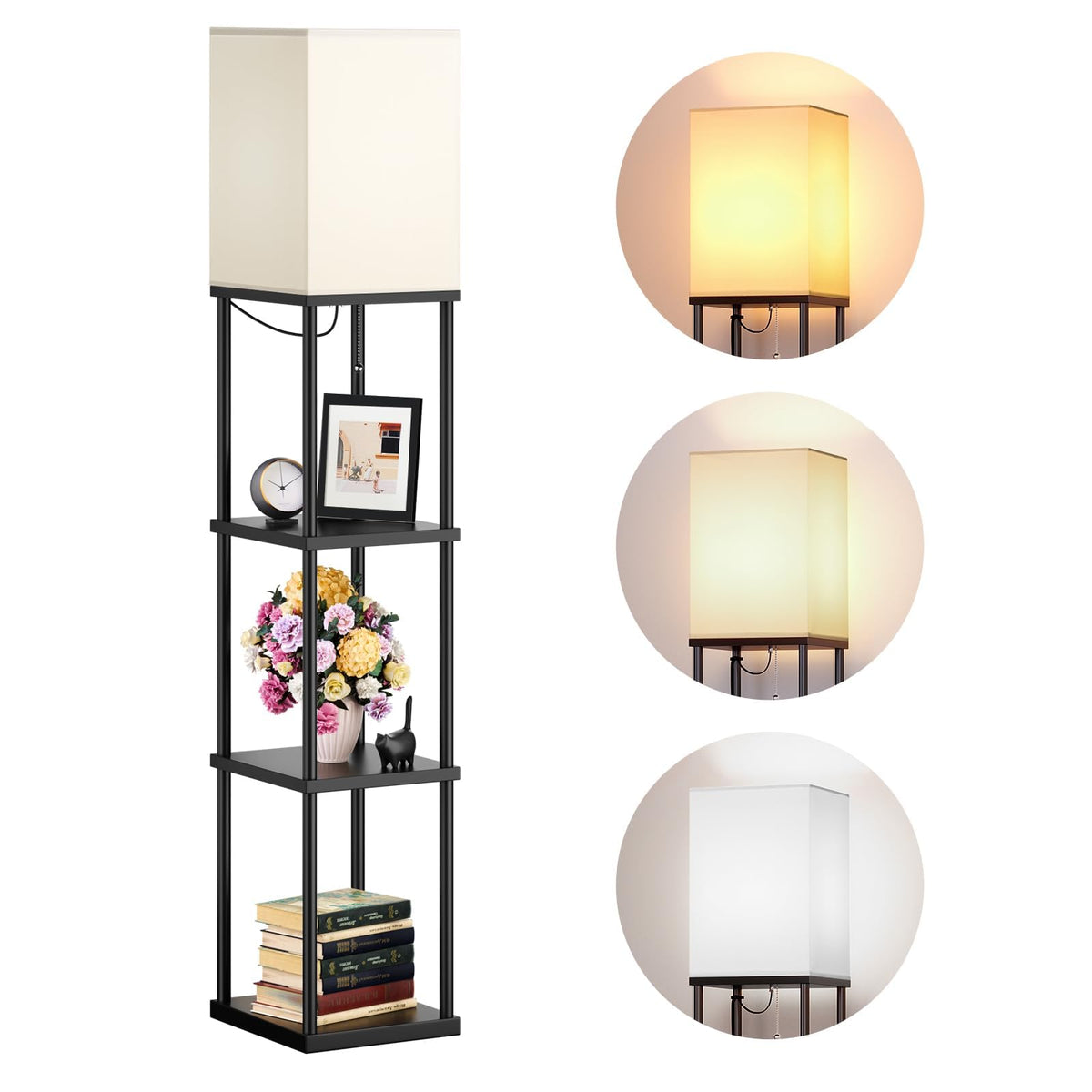 Addlon floor lamp with shelves front view, stylish storage and ambient lighting for living rooms.
