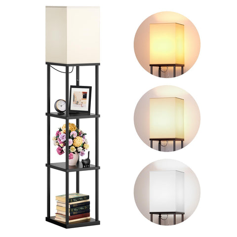Addlon floor lamp with shelves front view, stylish storage and ambient lighting for living rooms.