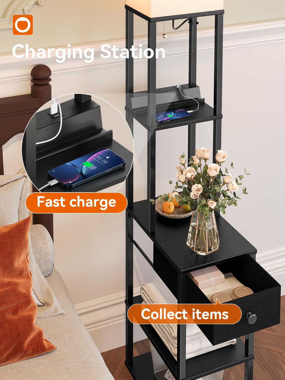 Addlon floor lamp with linen drawer keeps remotes and cables organized.