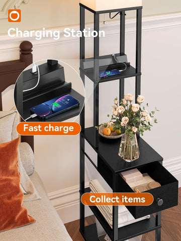 Addlon floor lamp with linen drawer keeps remotes and cables organized.