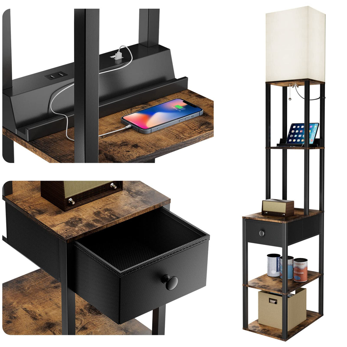 Addlon floor lamp with USB outlet and drawer by the sofa.