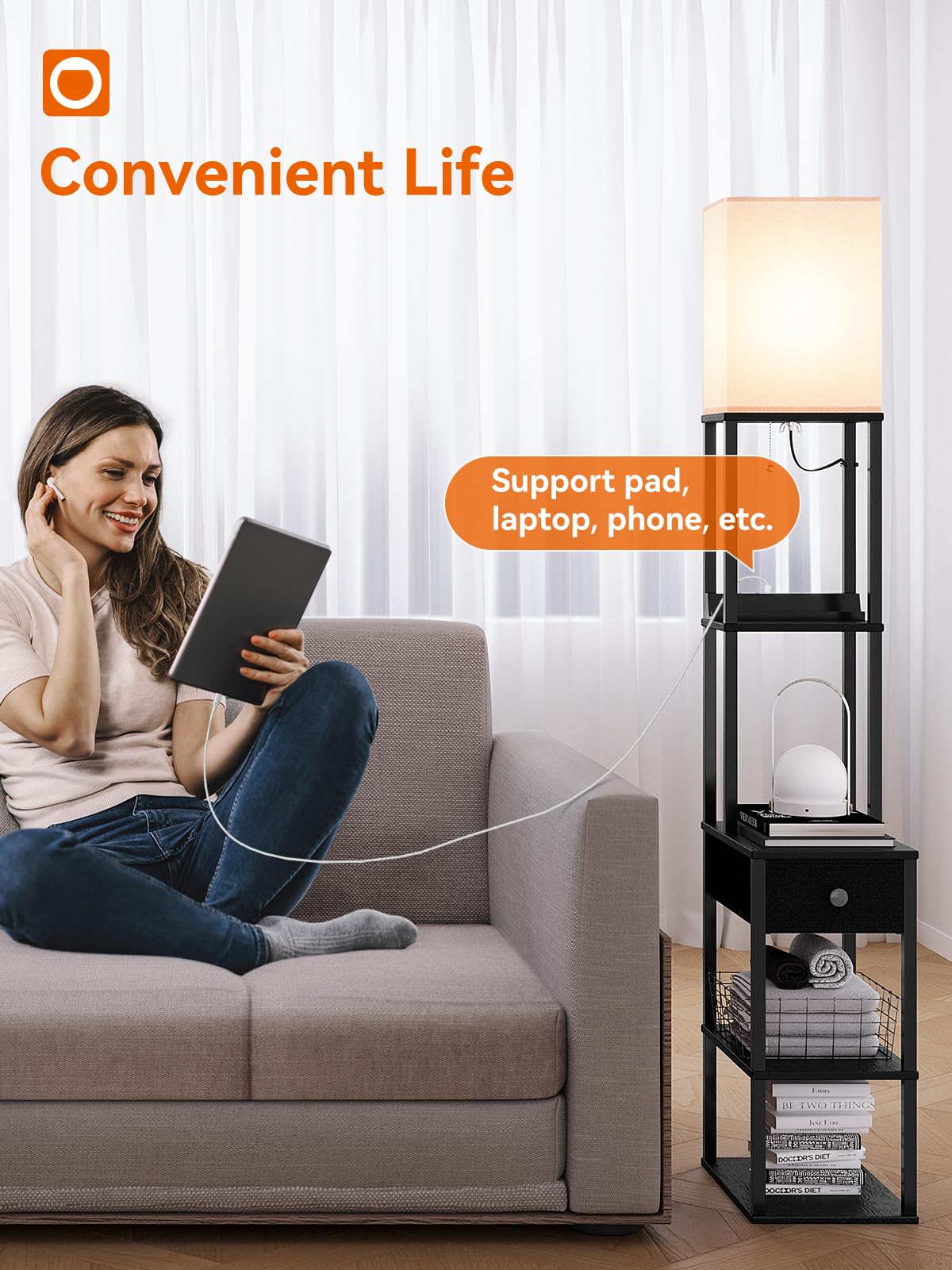 Addlon lamp with white shade provides soft ambient lighting for cozy evenings.