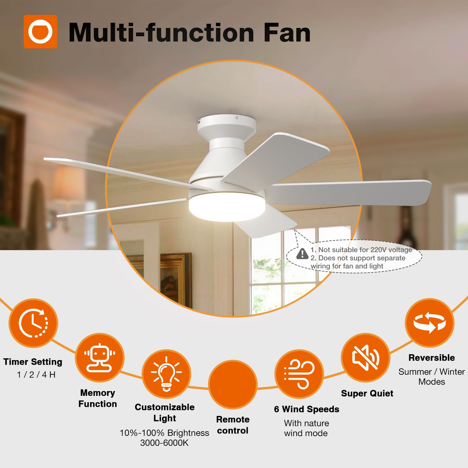 addlon white flush-mount ceiling fan with dual-color blades for versatile decor
