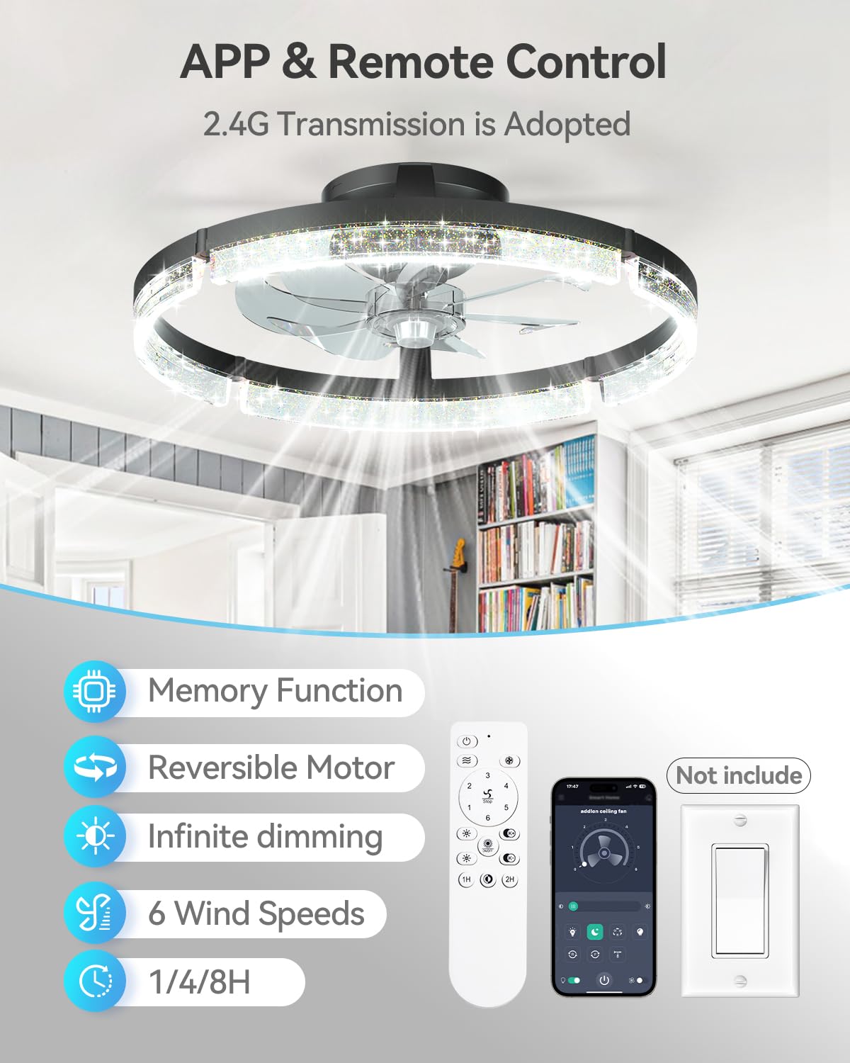 Addlon low-profile flush mount fan in black fits tight spaces.