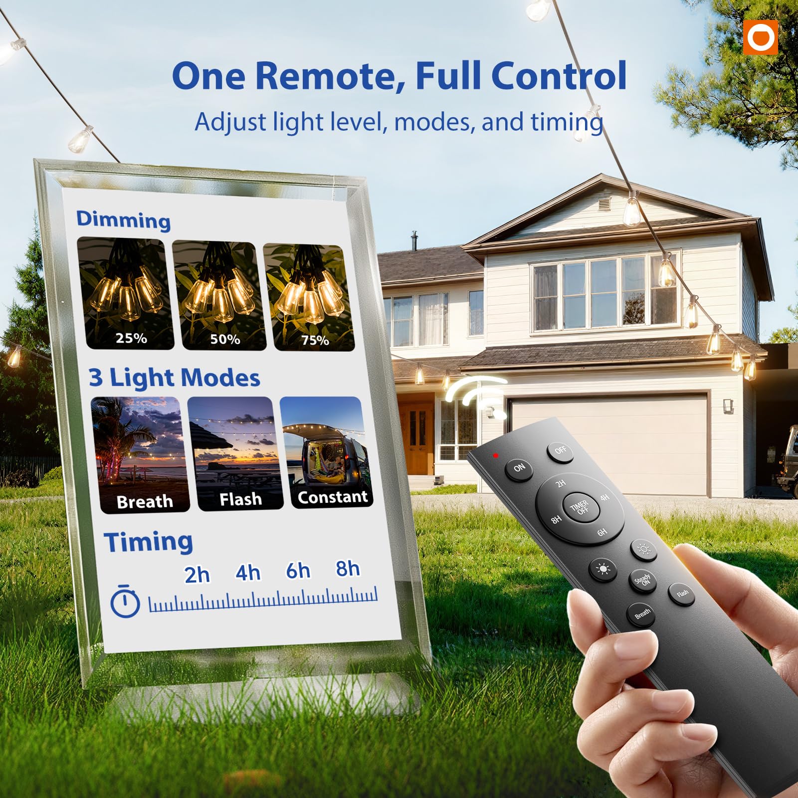Addlon patio lights showing timer modes for hands-free scheduling