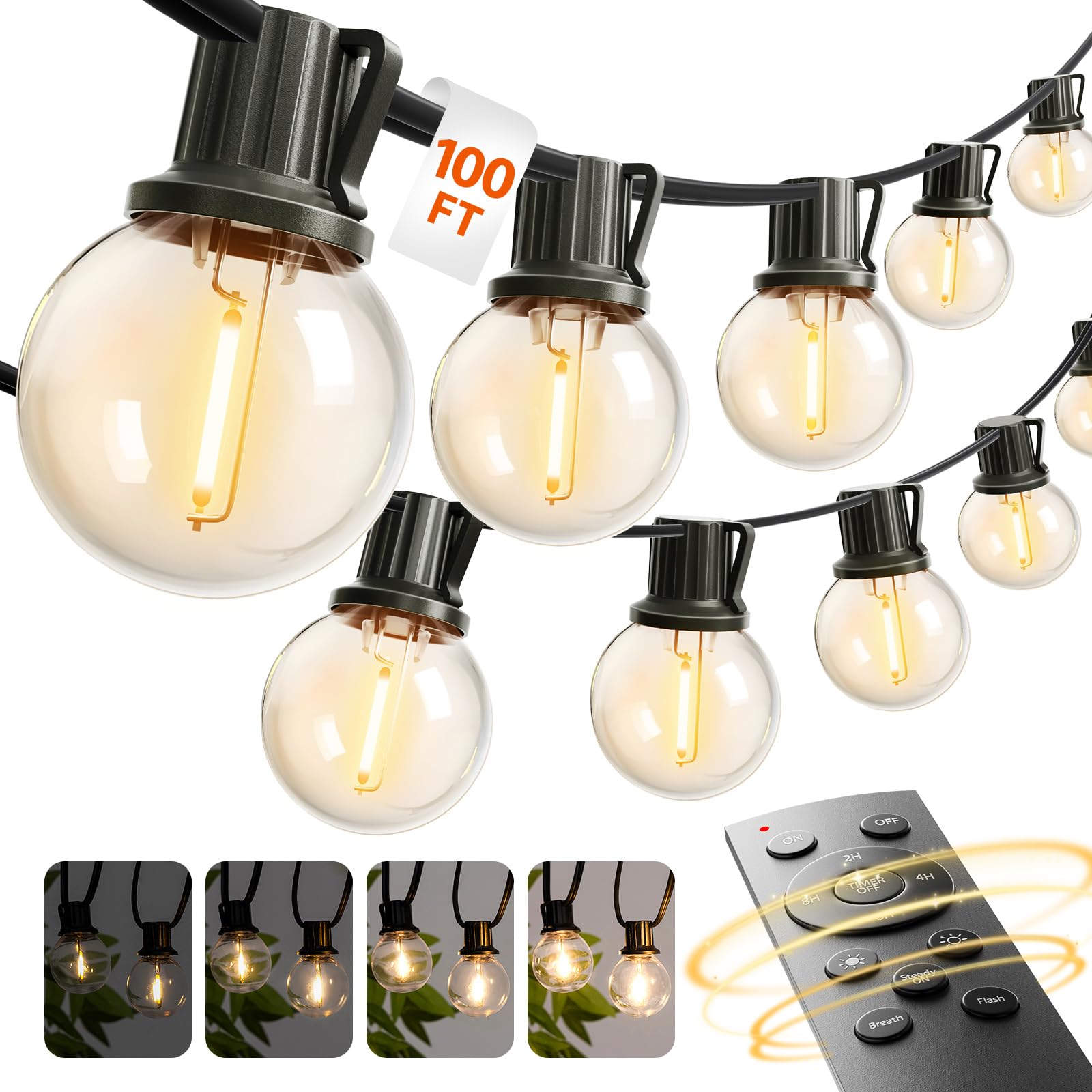 Addlon 100ft outdoor string lights with remote control for easy dimming.