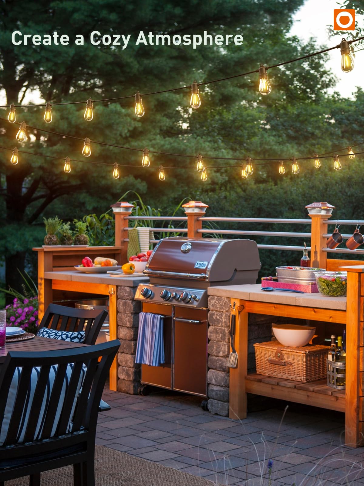 Addlon party dining outdoors with inviting illumination