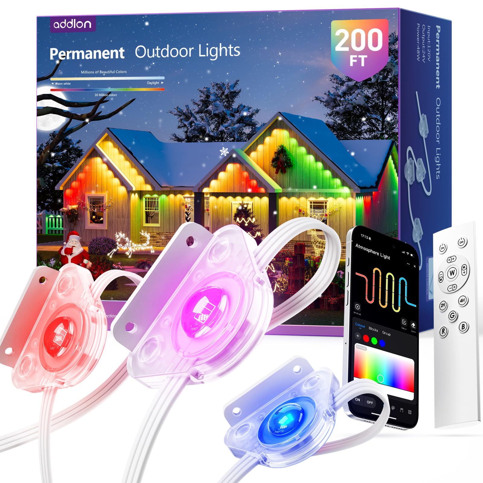 addlon permanent outdoor lights illuminate the roofline with vibrant RGB colors.