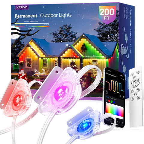 addlon permanent outdoor lights illuminate the roofline with vibrant RGB colors.