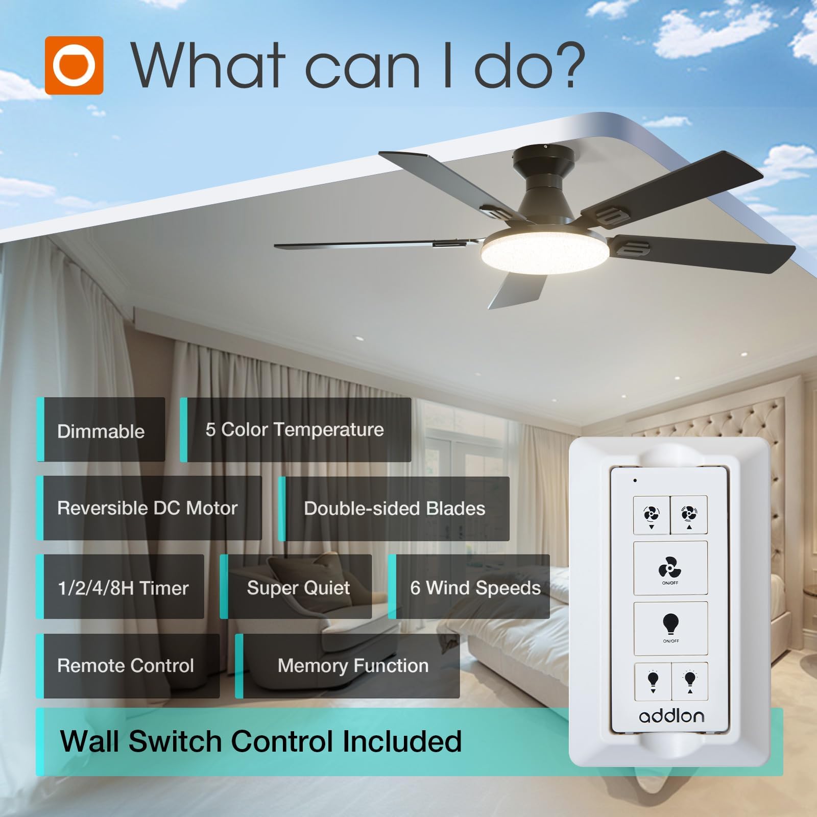 Addlon remote-controlled ceiling fan with light for convenient all-in-one control.