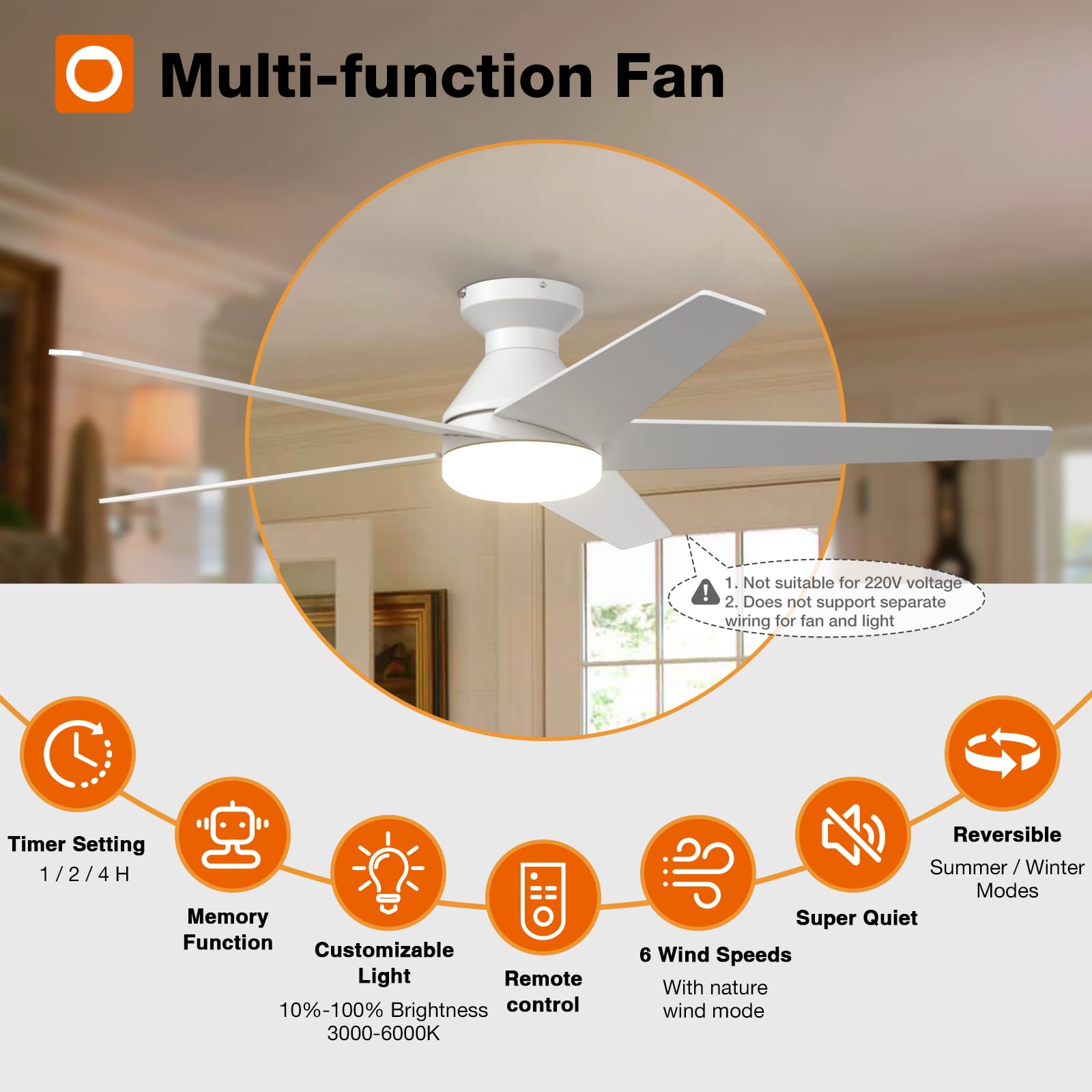 Addlon remote-control ceiling fan enables easy speed and timer adjustments.
